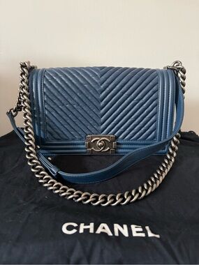CHANEL Blue Chevron Quilted Boy Shoulder Bag with Silver Chain